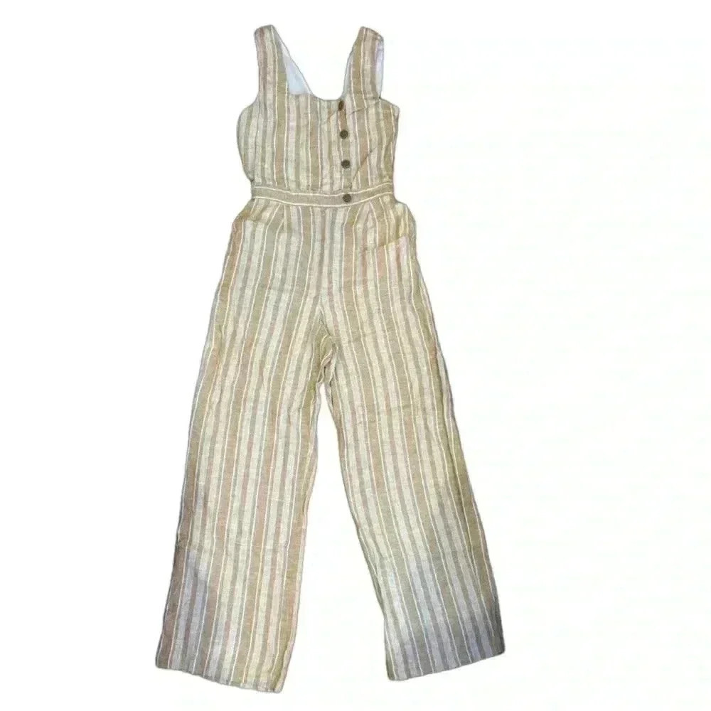 Indigo Rein Striped Linen Jumpsuit in Beige and Cream